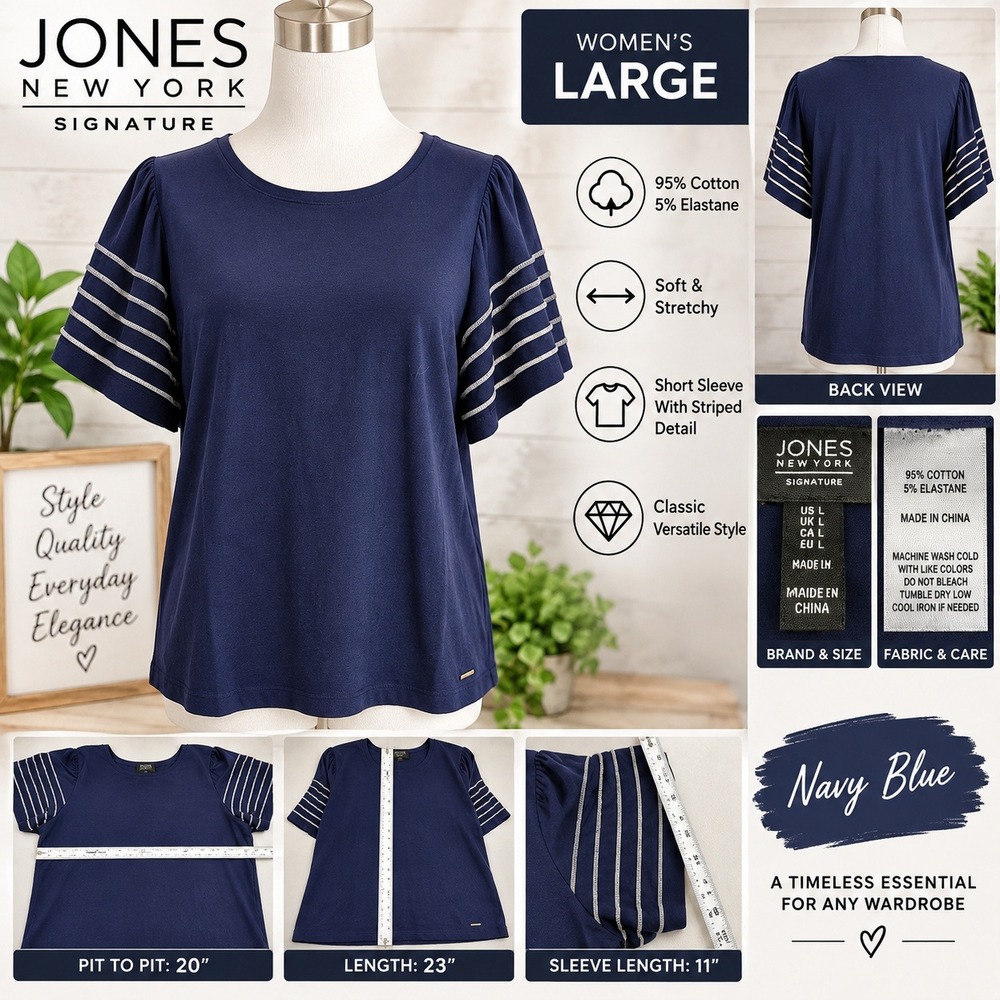 Jones New York Signature Navy Blue Striped Sleeve Knit Top Large J18MEBHX54BM